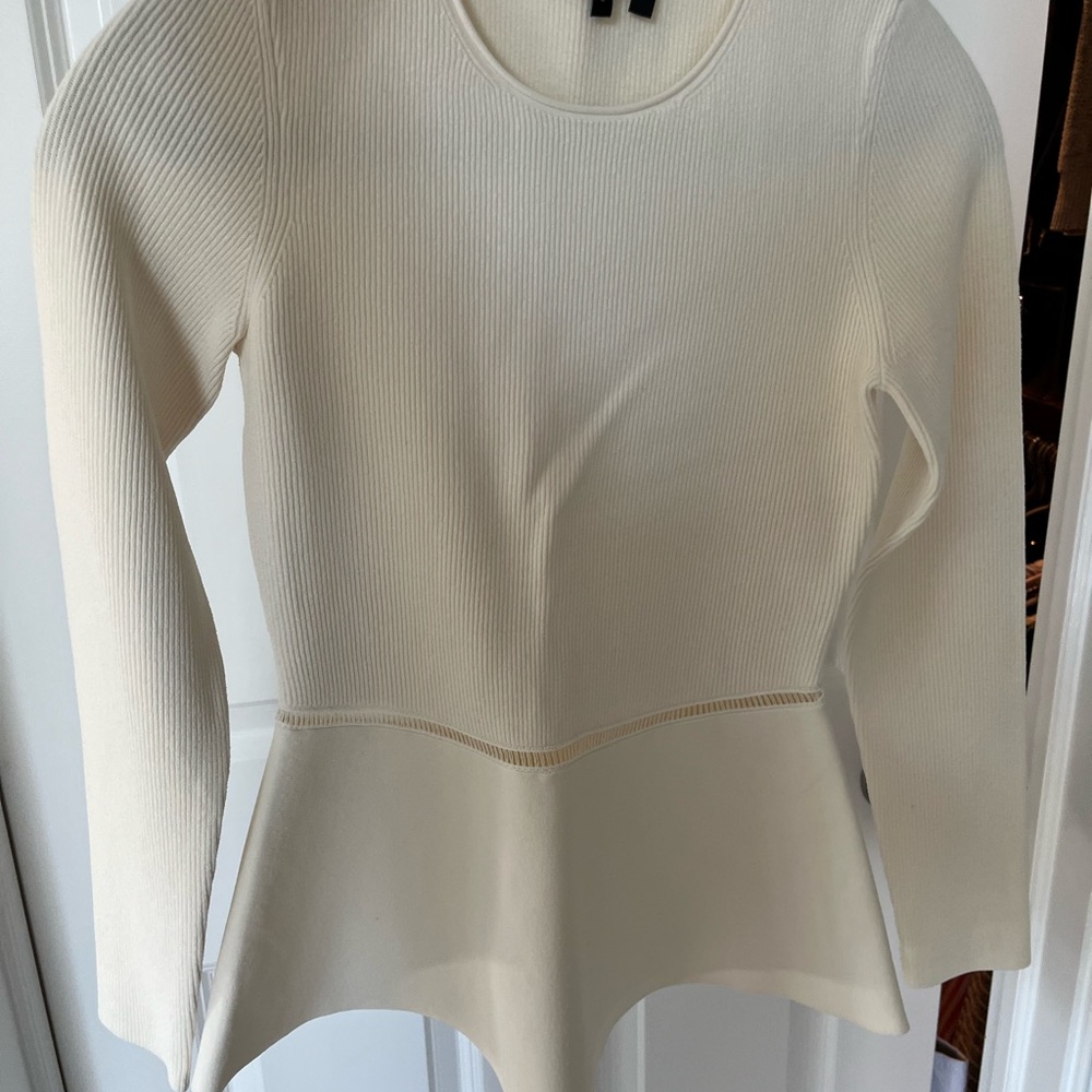 THEORY Ivory Open-Stitch Waist Compact Crepe Peplum Pullover Top size small NWOT